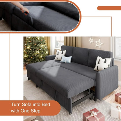 Vongrasig L Shaped Convertible Sofa Bed Pull Out Couch Storage Chaise Corduroy Dark Grey