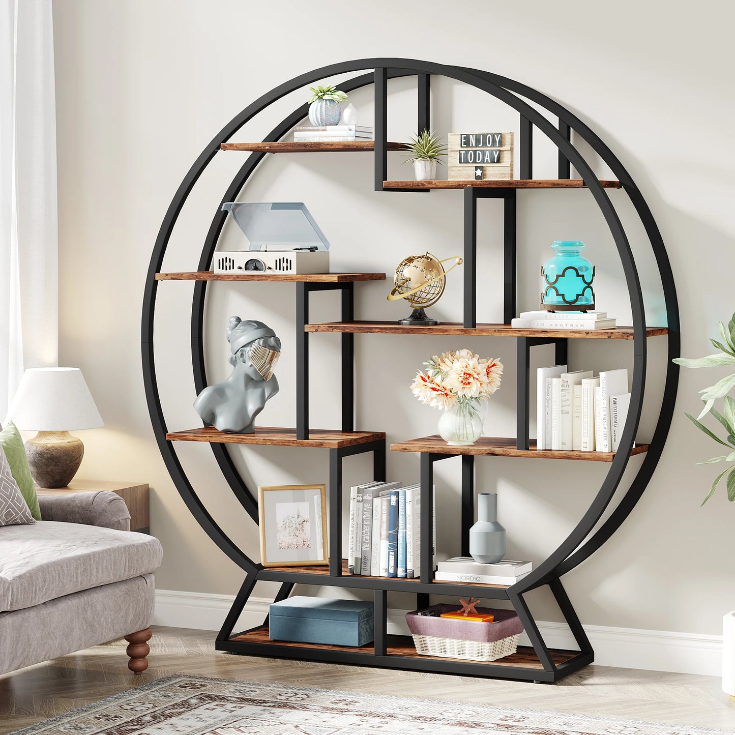 Tribesigns Round Etagere Bookshelf With Staggered Shelves Industrial Iron