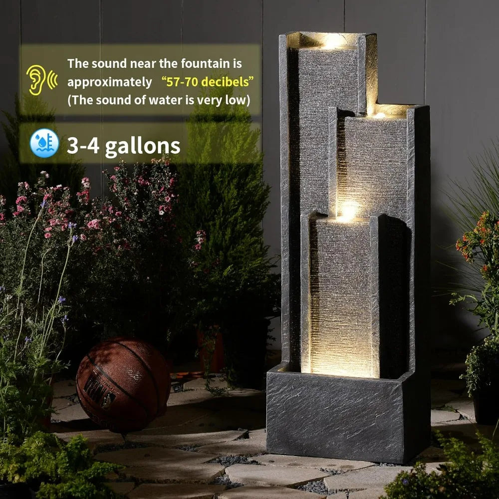 Modern Outdoor Water Fountain with Lights&Pump, Cascading Waterfall Feature Outdoor, Resin Standing Garden Fountain for Landscap