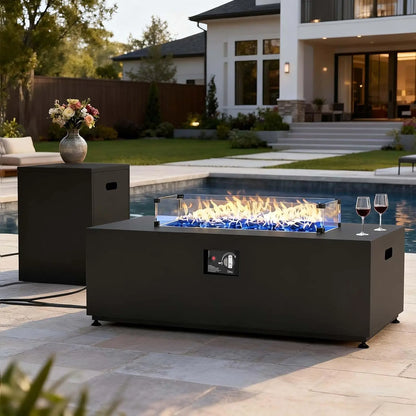 42 Inch Outdoor Fire Pit Table for Outside Patio, 55000BTU Rectangle Propane Firepit , Waterproof Cover and Lid