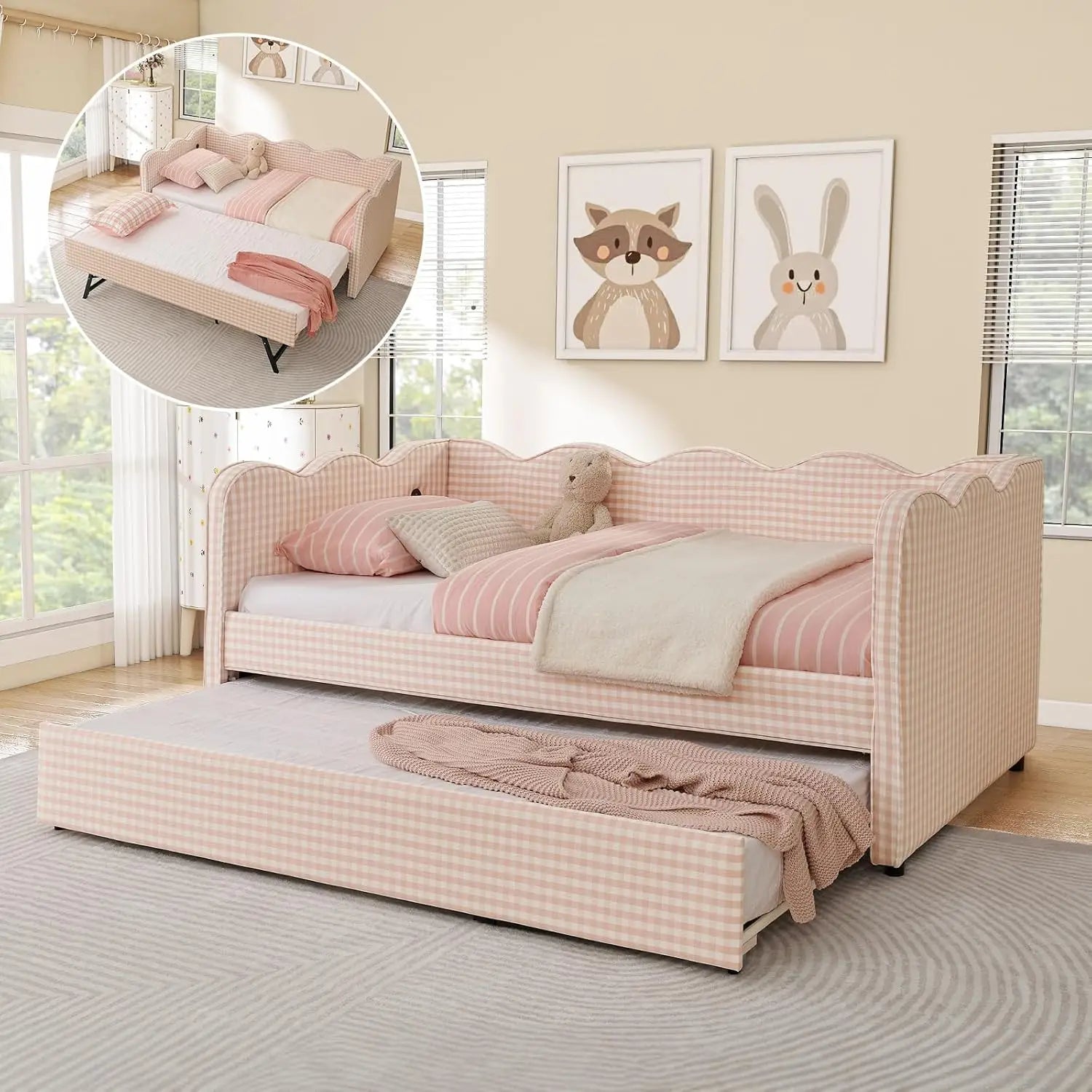 Twin Daybed Pop Up Trundle Linen Upholstered Convertible Sofa Bed Guest Room No Box Spring Customized