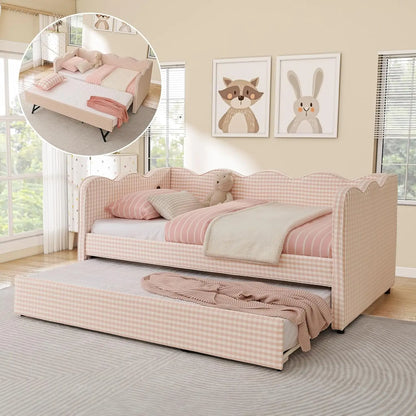 Twin Daybed Pop Up Trundle Linen Upholstered Convertible Sofa Bed Guest Room No Box Spring Customized