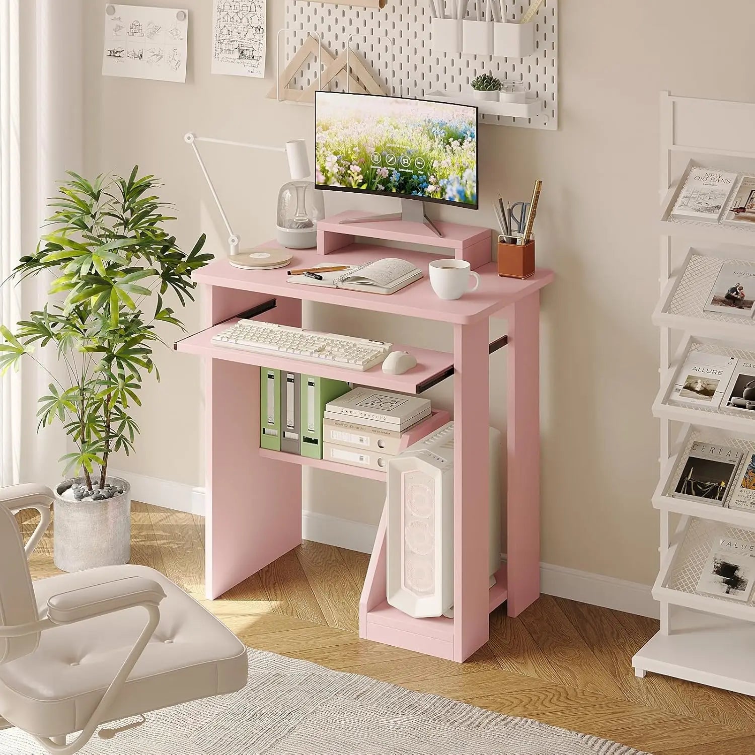 30" Small Computer Desk with Keyboard Tray Monitor Stand, Study Writing Desk with Storage Shelves, Modern Workstation for Small