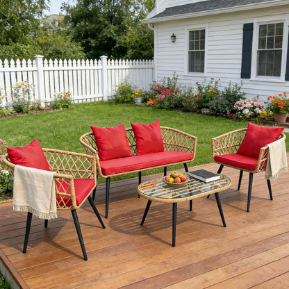 4 Piece Patio Furniture Set,Outdoor Conversation Set with Wicker Sofa, 2 Rattan Chairs and Glass Table, Patio, Customized