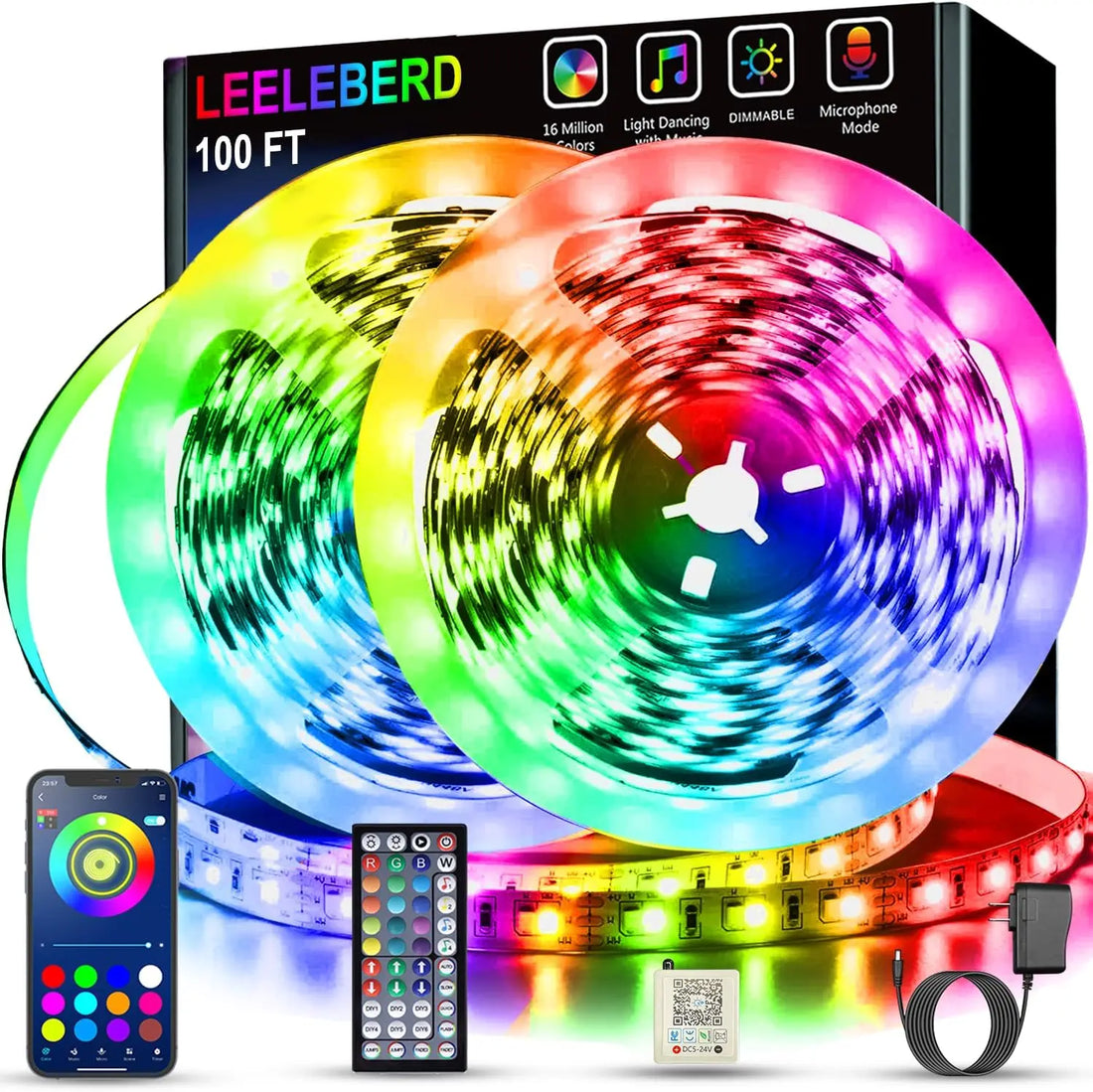 100 ft Music Sync RGB LED Strip Lights with Remote &amp; App Control, Color Changing for Bedroom Home Decor
