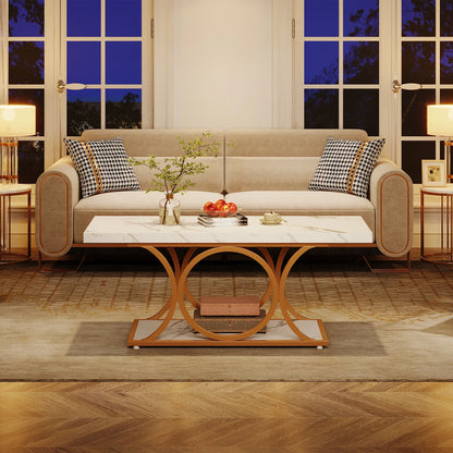 Tribesigns Rectangle Coffee Table, 47.24-inch Modern Coffee Tables for Living Room, 2-Tier Faux Marble Wood Coffee Table