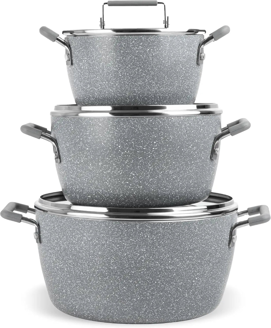 Nonstick Stackable Cooking Pots Set, 6-Piece Gray Granite Coating, Space-Saving Kitchen Cookware with Lids for Home Chefs