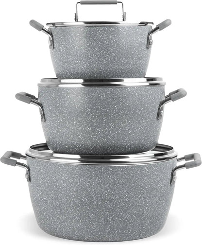 Nonstick Stackable Cooking Pots Set, 6-Piece Gray Granite Coating, Space-Saving Kitchen Cookware with Lids for Home Chefs
