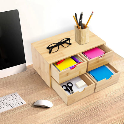 4-Drawer Desktop Organizer Bamboo Tabletop Storage Organization Box Recess Handles Simple Design Home Office Decor