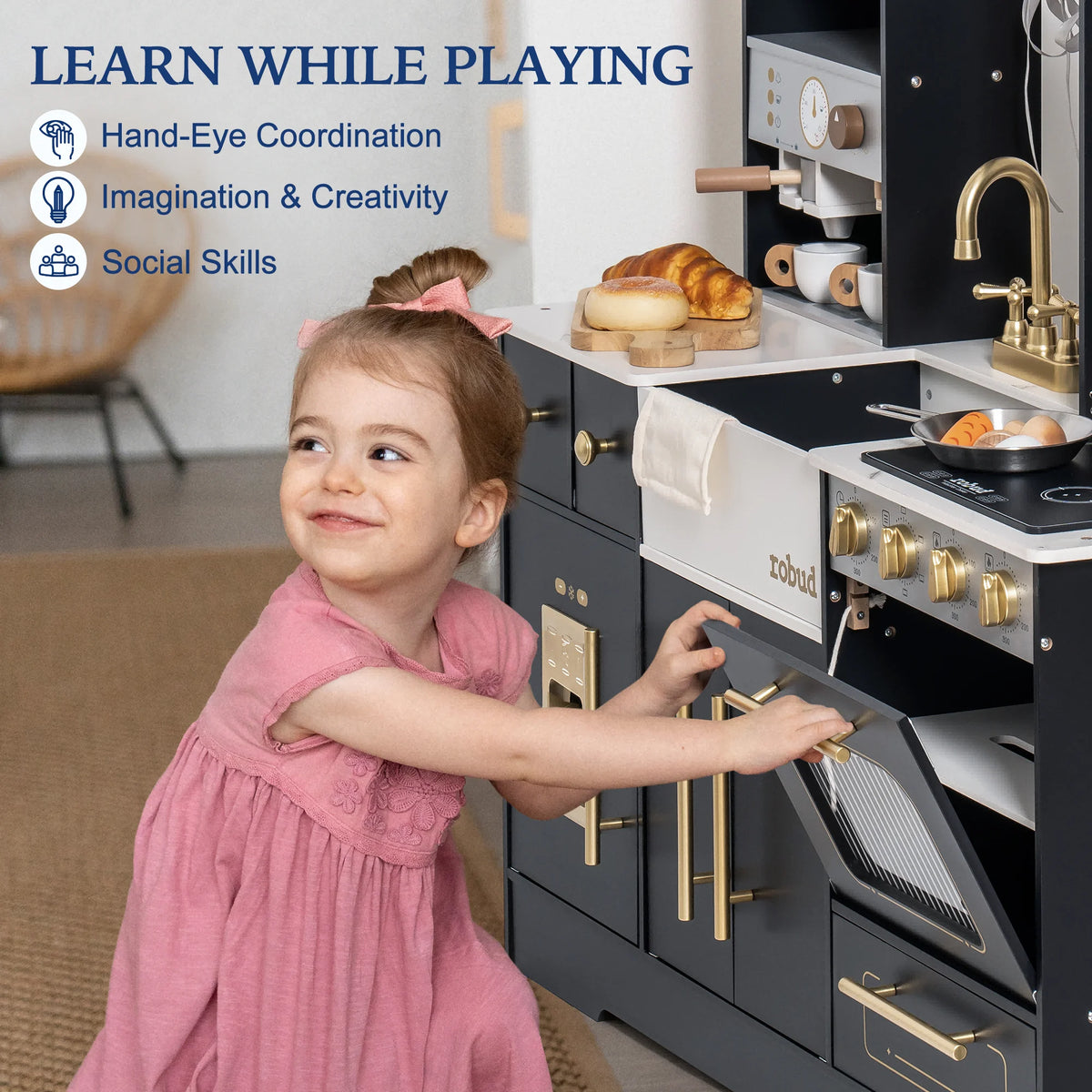 Robud Modern Wooden Play Kitchen Durable Construction with Realistic Accessories Unique Role Play Birthday Gift for Toddlers 3+