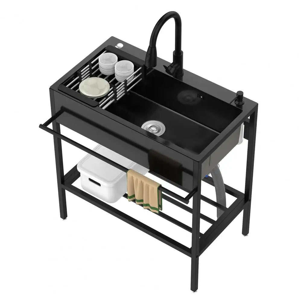 Stainless Steel bathroom Sink, Single Bowl Kitchen Sink with Cold Hot Water Faucet, Storage Shelf, Drain Kit, Free Standing Sink