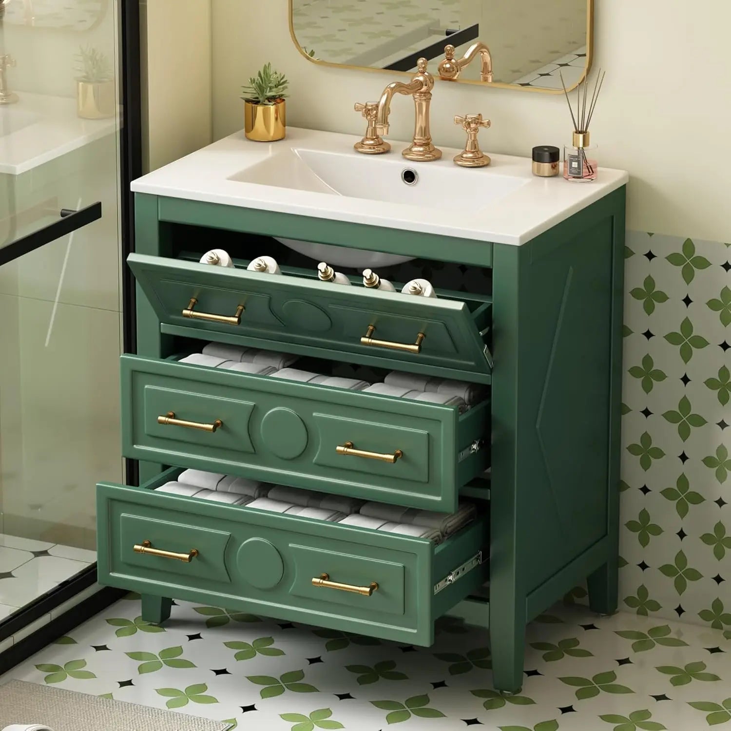 30in Solid Wood Bathroom Vanity Ceramic Sink Storage Cabinet Tip-Out &amp; 2 Full-Extension Drawers Bath Powder Room Customized