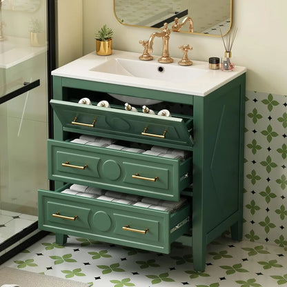 30in Solid Wood Bathroom Vanity Ceramic Sink Storage Cabinet Tip-Out &amp; 2 Full-Extension Drawers Bath Powder Room Customized
