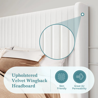 HOOMIC Velvet Upholstered Bed Frame With Wingback Headboard And Slats