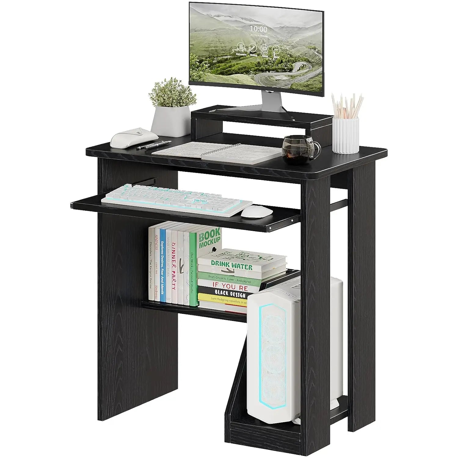 30" Small Computer Desk with Keyboard Tray Monitor Stand, Study Writing Desk with Storage Shelves, Modern Workstation for Small