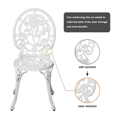 3pc Cast Aluminum Bistro Set, Rose Pattern Outdoor Garden Balcony, Rust &amp; All-Weather Resistant, White, Customized
