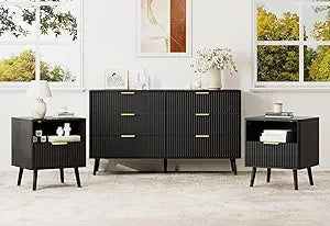 Natural Oak Dresser and Nightstand Set for Bedroom, Modern 3 Pieces Bedroom Furniture Set with Fluted Panel, Large 6 Drawer Dre