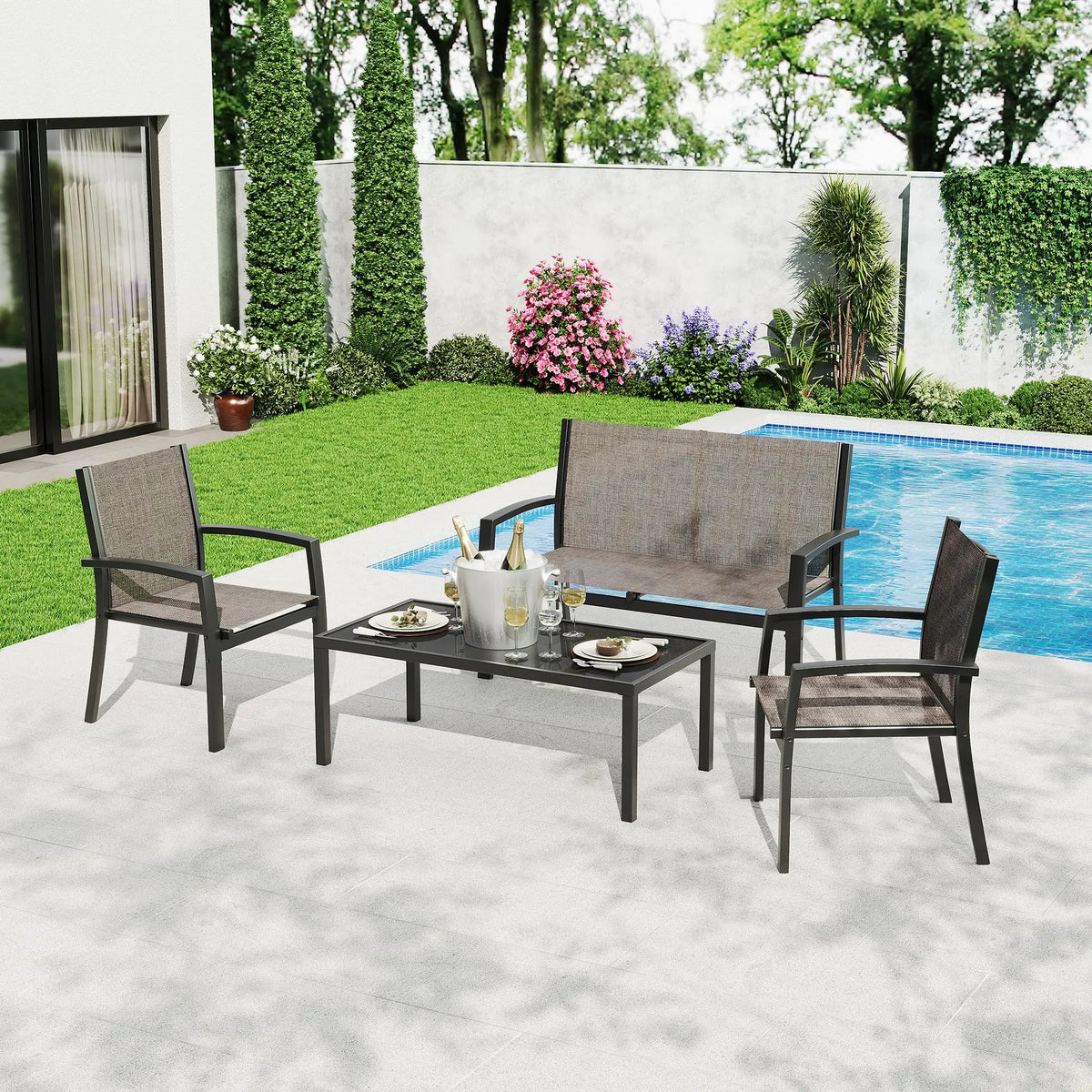 Modern 4 Piece Metal Patio Furniture Set Breathable Mesh Outdoor Loveseat &amp; Chairs With Table For Deck Apartment Porch Backyard