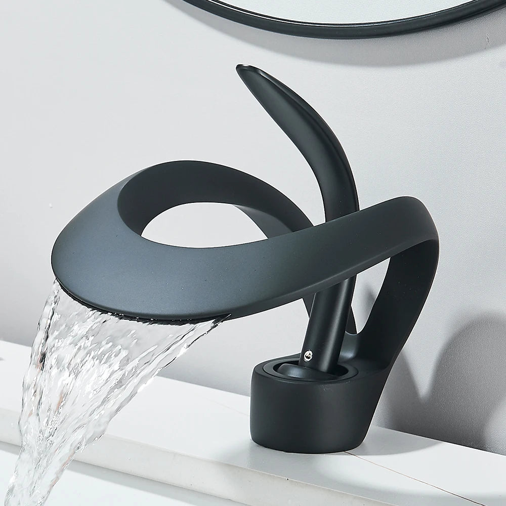Solid Brass Waterfall Basin Faucet Single Handle Hot Cold Water Mixer Tap For Bathroom Sink