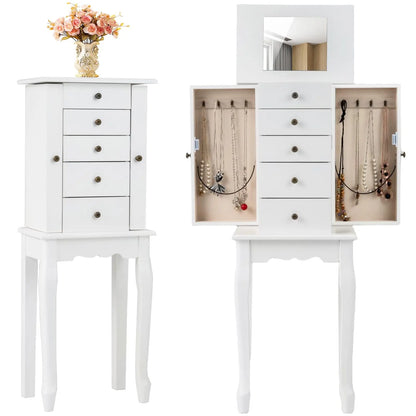 White Standing Jewelry Armoire Cabinet with 4 Drawers Flip Top Mirror Top Compartments 2 Side Doors 8 Necklace Hooks Freestandin