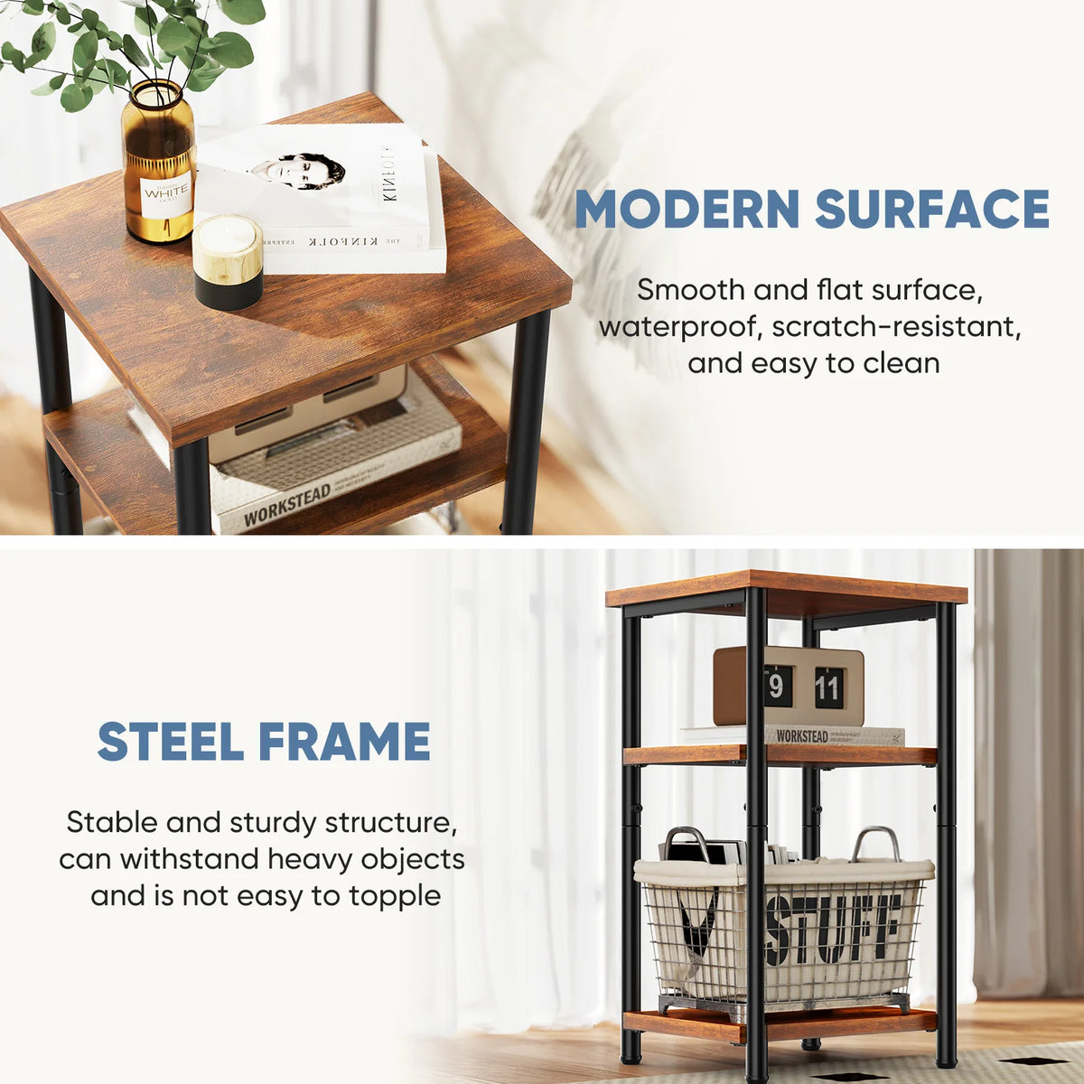 MCQ 3 Tier End Table Set of 2 Living Room Coffee Tables Storage Shelf Nightstand with Adjustable Feet For Tea Dining Tables