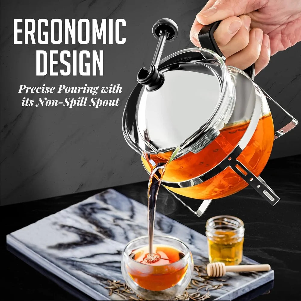 Glass Teapot with Removable Infuser BPA Free Borosilicate Thermal Shock Resistant Non Drip Spout Easy Cleanup Freezer Safe Ideal