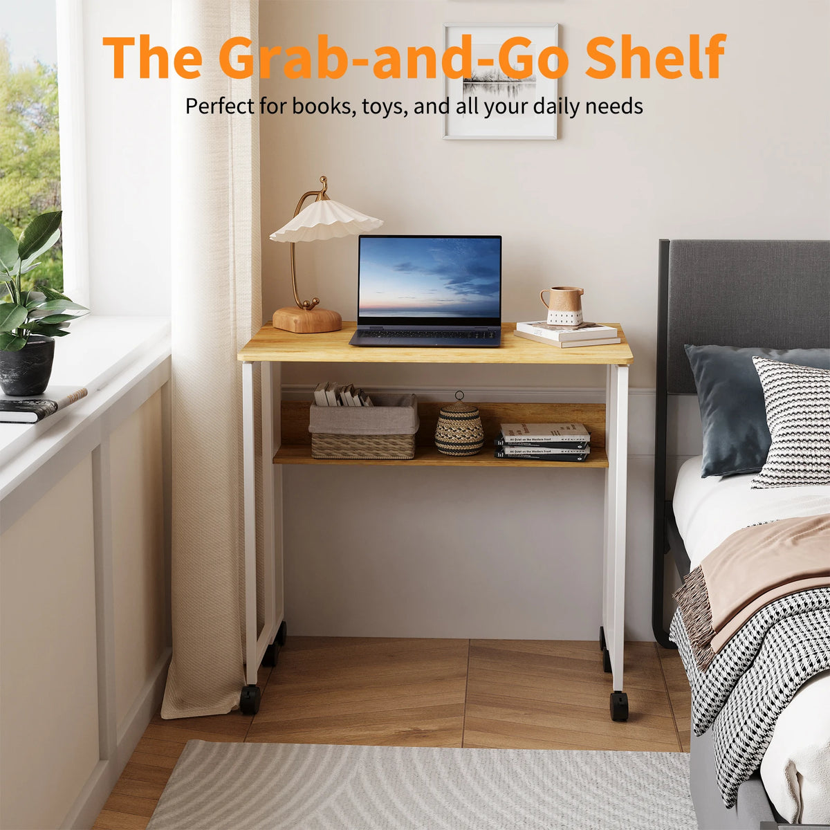 HOSSLLY Folding Computer Desk With Wheels And Storage Shelf