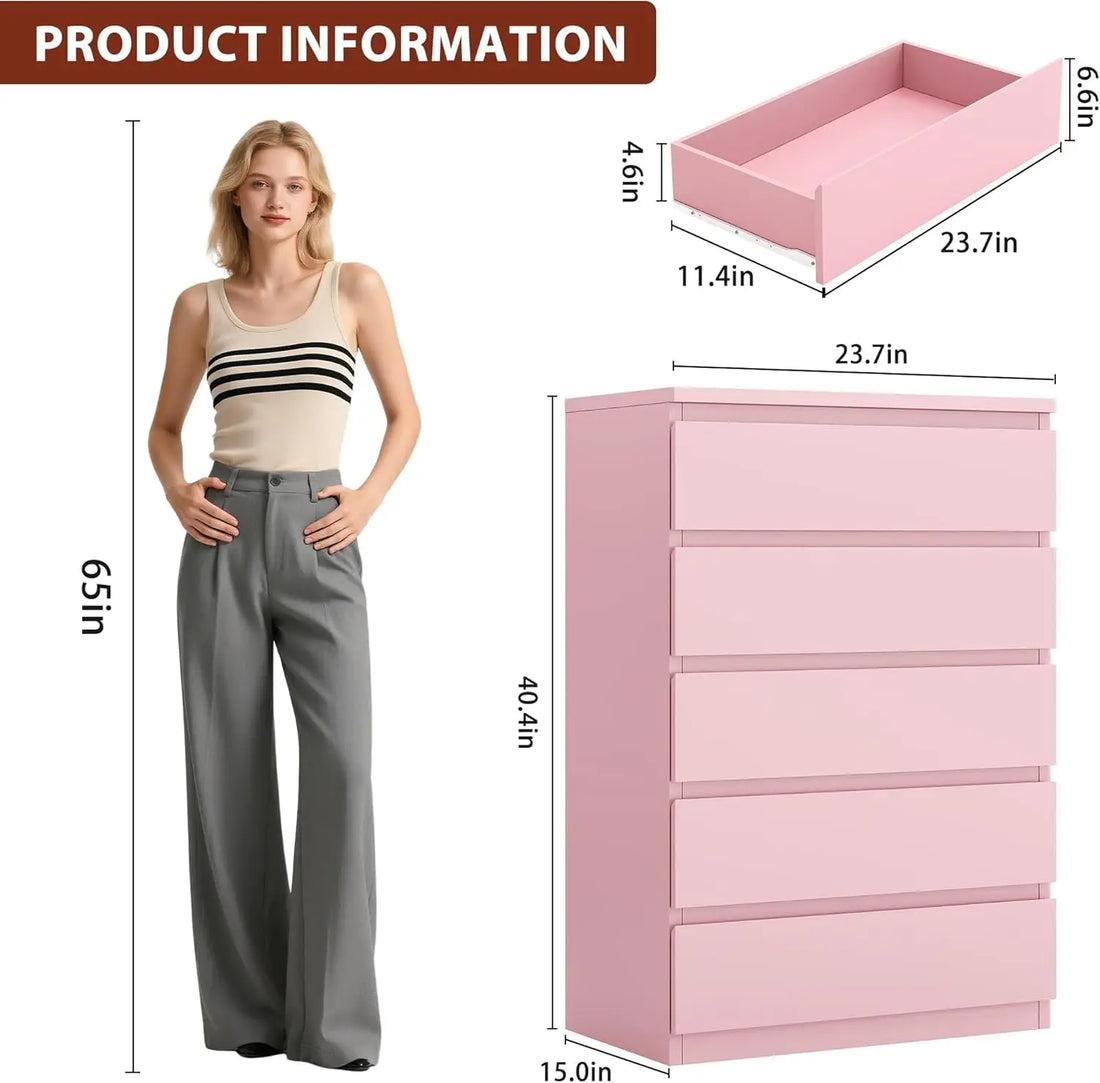 Pink 5 Drawer Dresser for Bedroom, 15" D x 23.7" W x 40.4" H in Modern Chest of Drawers, Wood Storage Dresser with Handleless
