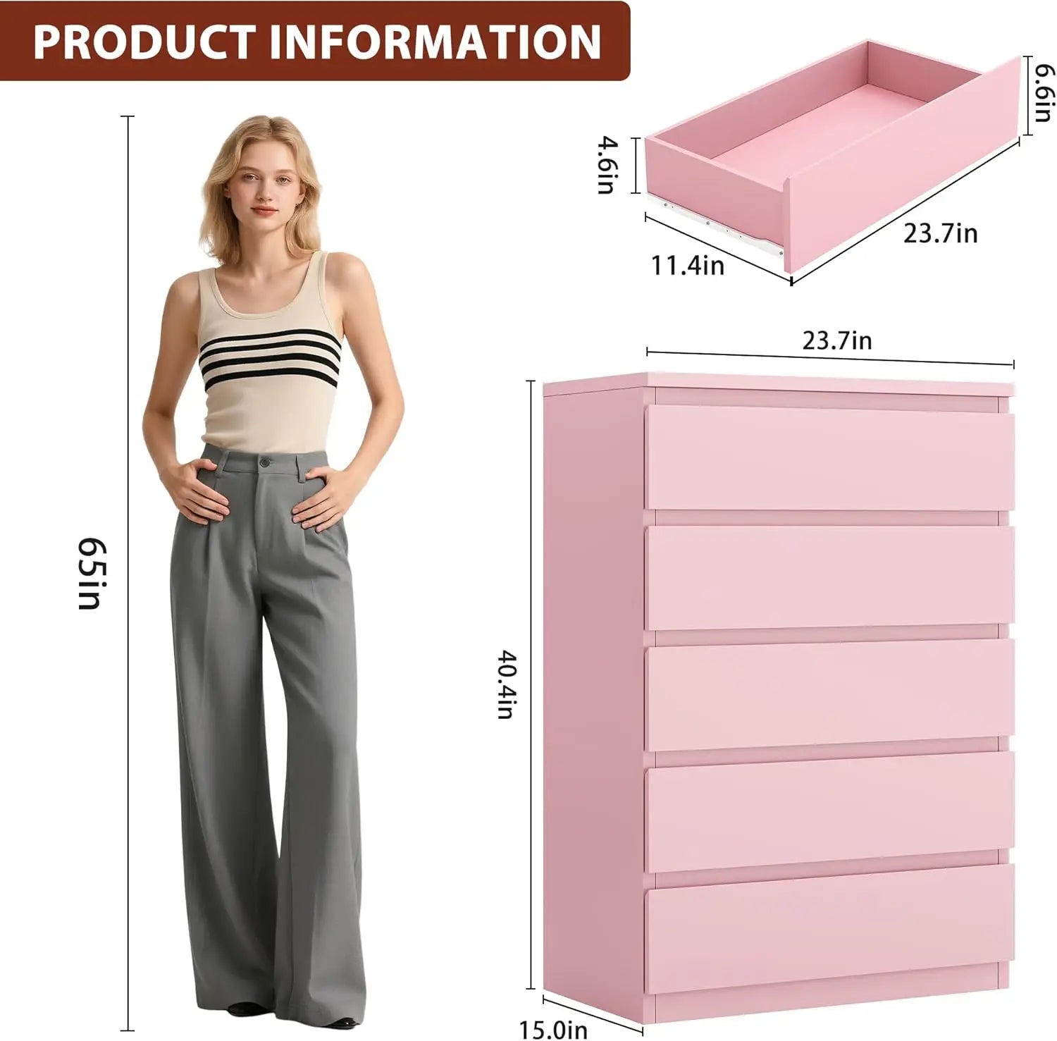 Pink 5 Drawer Dresser for Bedroom, 15" D x 23.7" W x 40.4" H in Modern Chest of Drawers, Wood Storage Dresser with Handleless