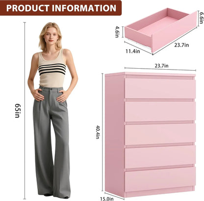 Pink 5 Drawer Dresser for Bedroom, 15" D x 23.7" W x 40.4" H in Modern Chest of Drawers, Wood Storage Dresser with Handleless