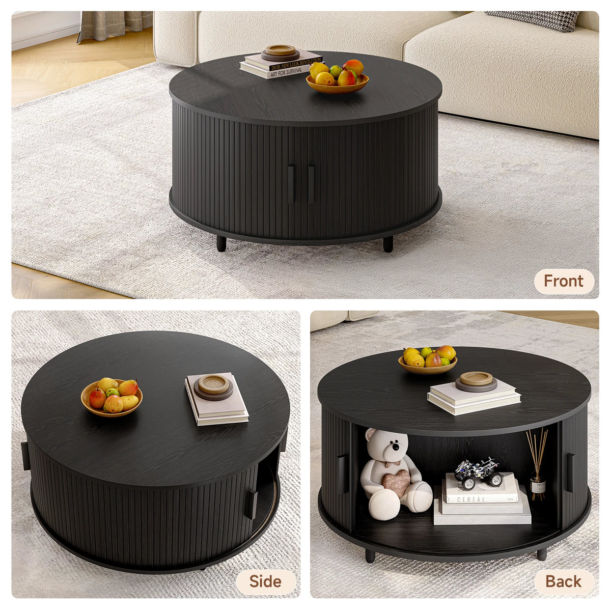 ONBRILL Modern Round Coffee Table With Storage And Sliding Door