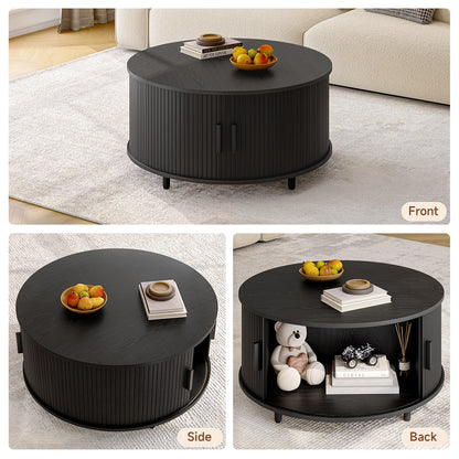 ONBRILL Modern Round Coffee Table With Storage And Sliding Door