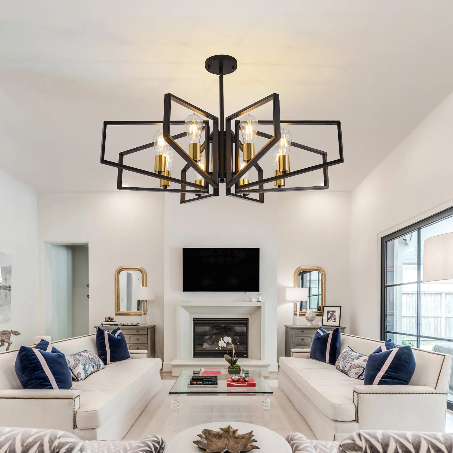 Modern 8-Light Geometric Chandelier Adjustable Height Metal Pendant Light with Black Frame &amp; Golden Accents Ceiling Light Decor
