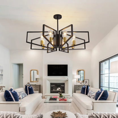 Modern 8-Light Geometric Chandelier Adjustable Height Metal Pendant Light with Black Frame &amp; Golden Accents Ceiling Light Decor