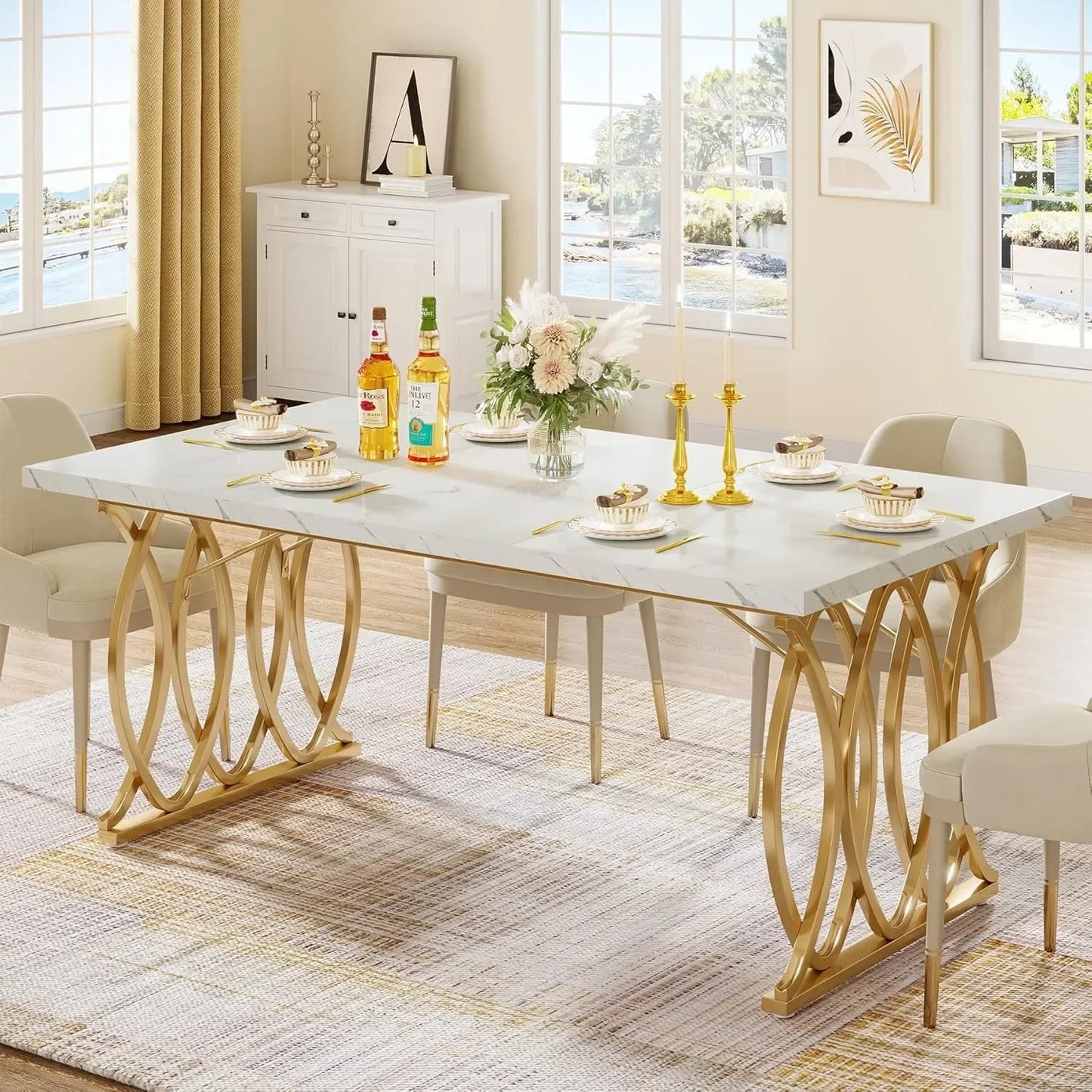Modern Dining Table, 63" Large Kitchen Table for 4-6 People, Unique Rectangular Dinner Table Kitchen & Dining Room Furniture