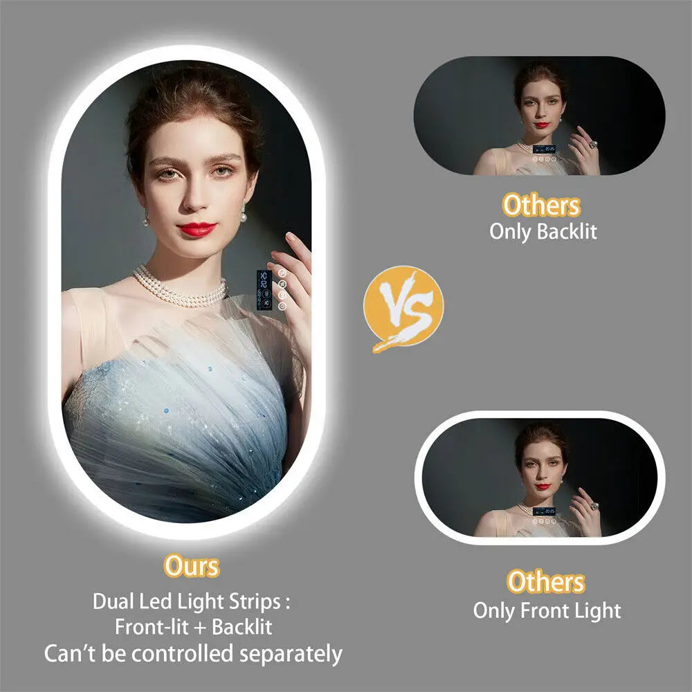 Large Bathroom Mirror Oval LED Vanity Mirror Wall Mounted w Bluetooth, Digital Display, Back Front Lit, Anti Fog for Hotel Hall