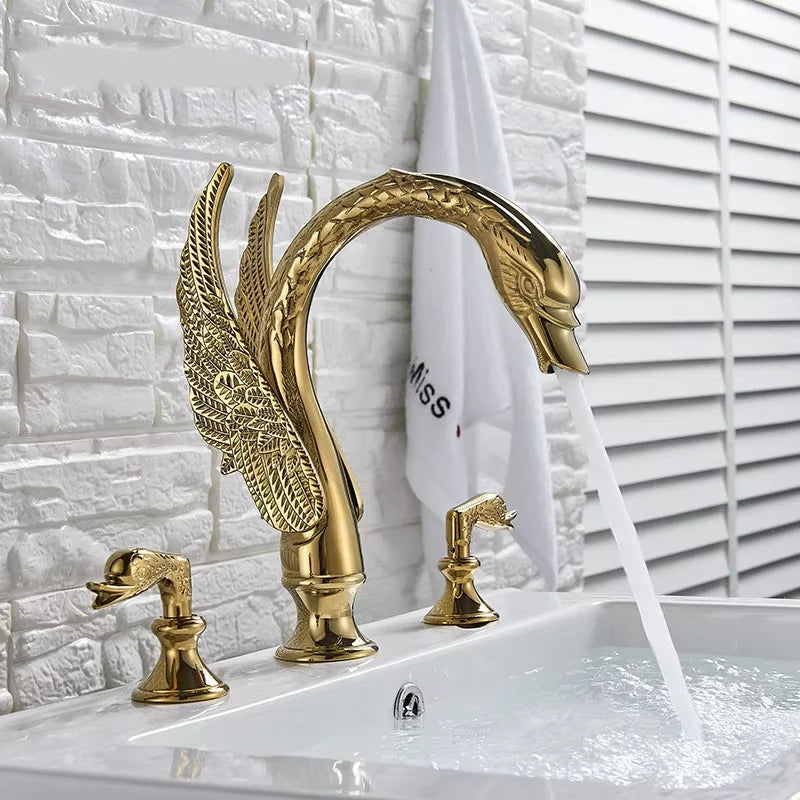 Senlesen Golden Bathroom Basin Faucet Brass Double Handle Hot Cold Sink Mixer Tap Swan Shape Basin Faucet Bathtub Mixers Crane