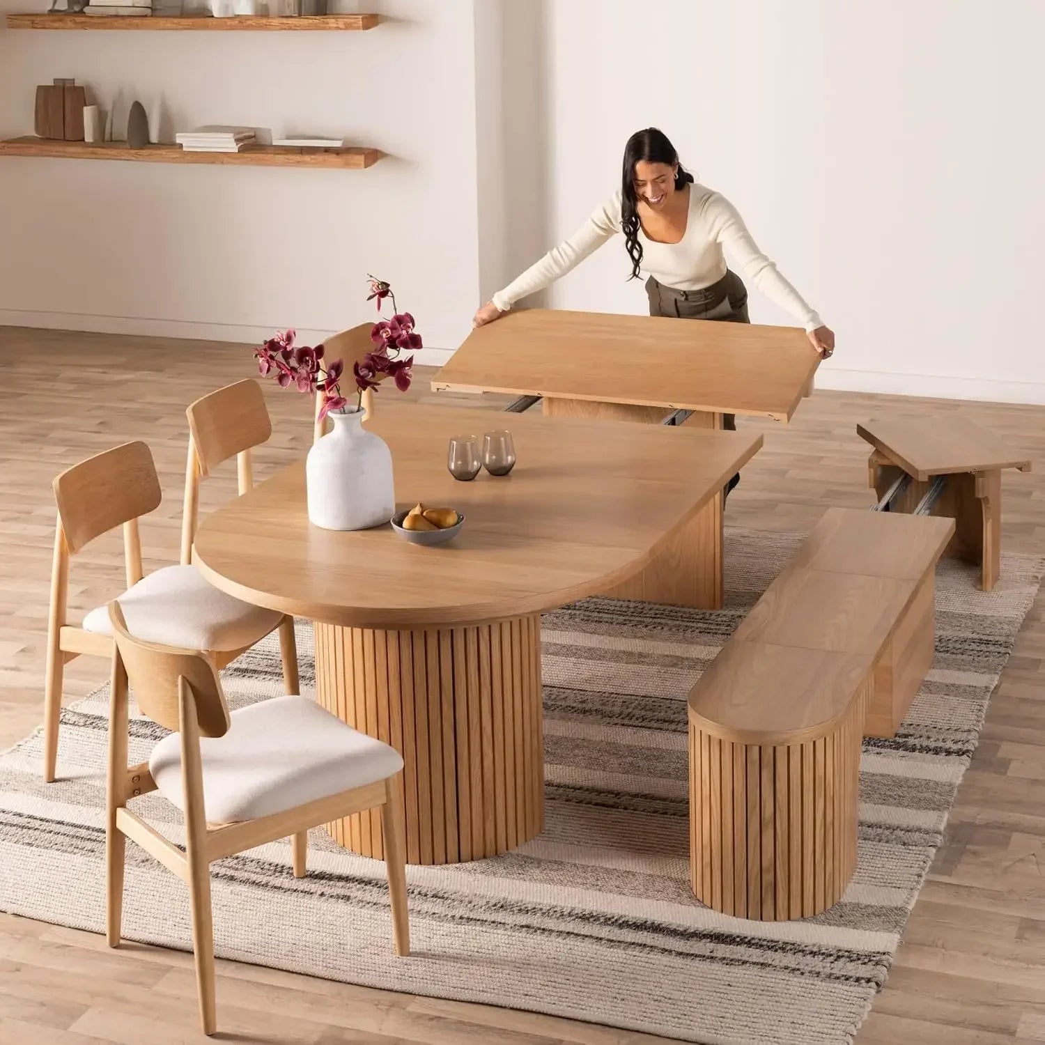 Table Expandable Round Dining Table Set for 4 to 8, Modern Dining Table and Chairs Set of 4 with Bench, Extendable Dining Room