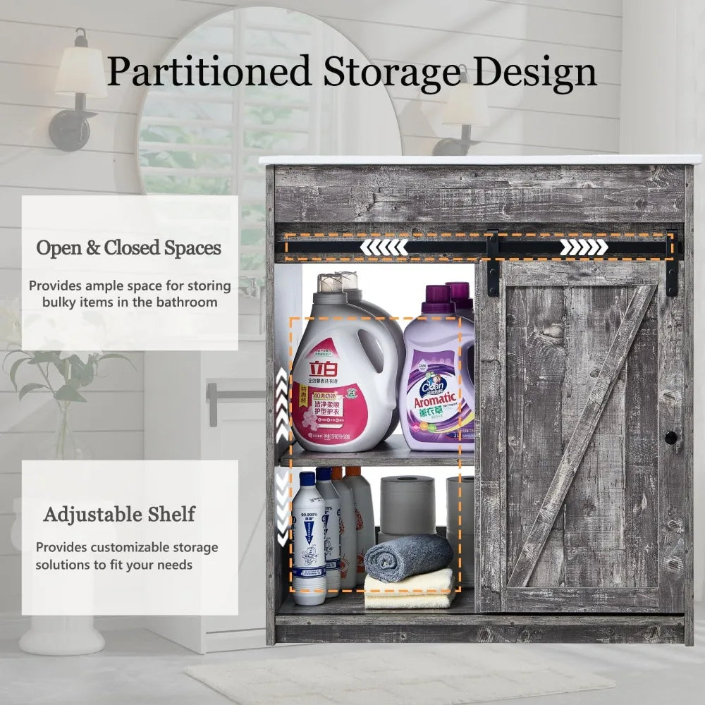 RBXC Farmhouse Bathroom Vanity With Sink, Barn Door Storage Cabinet