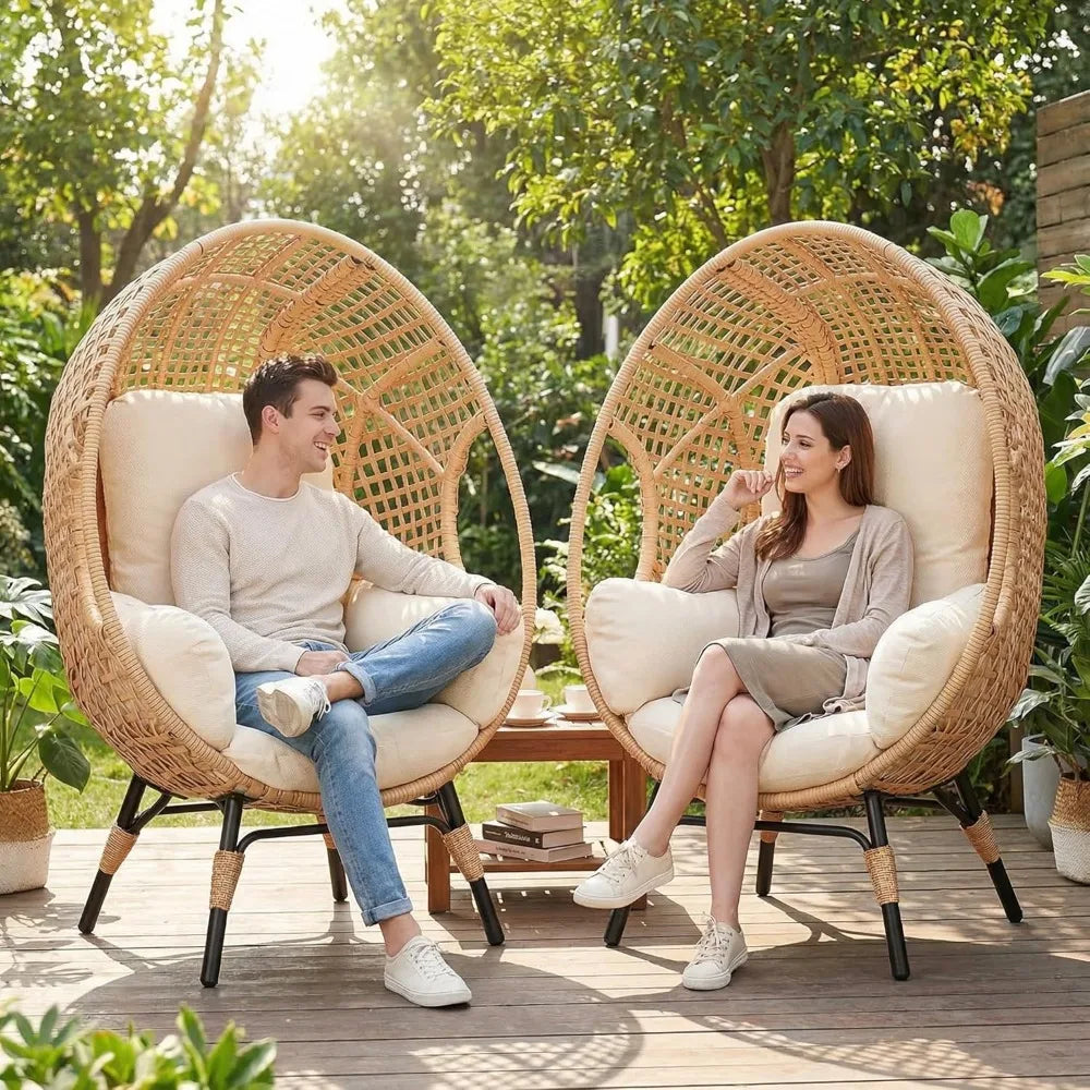 2 Pcs Oversized Wicker Egg Chair with Cushion, 500lbs Capacity, Indoor Outdoor Rattan Patio Lounge for Living Room Balcony