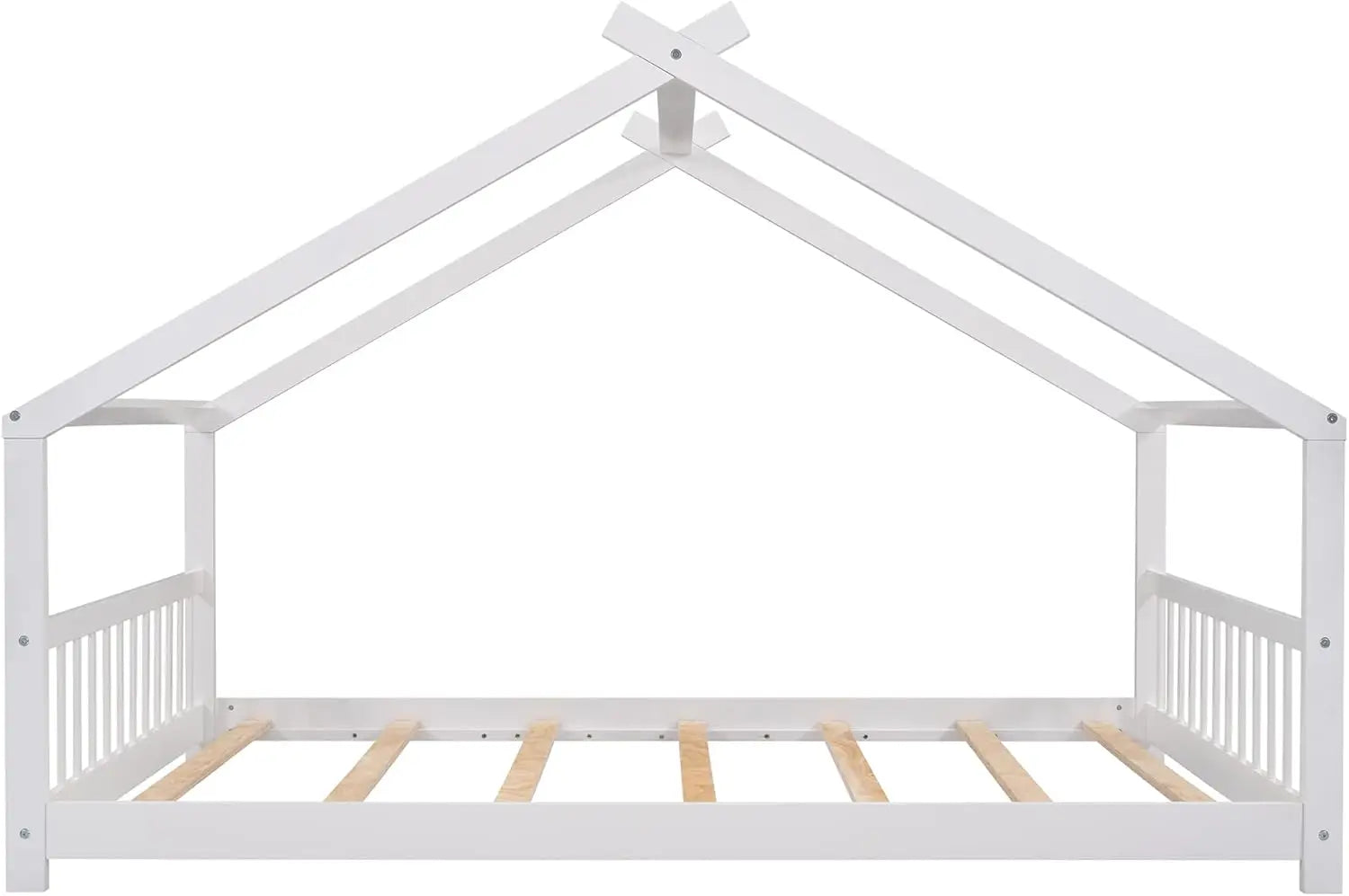 Full House Beds White Montessori Bed Wood Frame Kids Floor Bed with Headboard &amp; Footboard