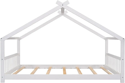 Full House Beds White Montessori Bed Wood Frame Kids Floor Bed with Headboard &amp; Footboard
