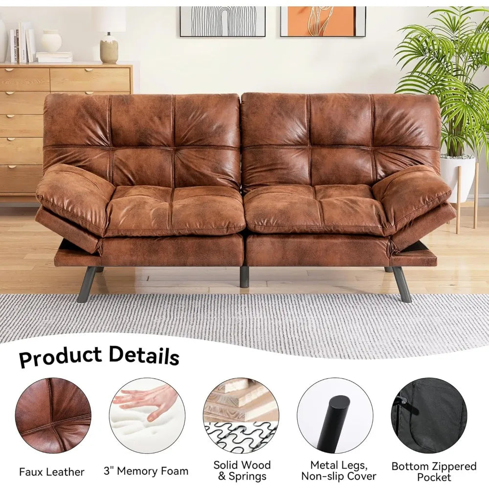 Faux Leather Futon Sofa Bed With Memory Foam Sleeper