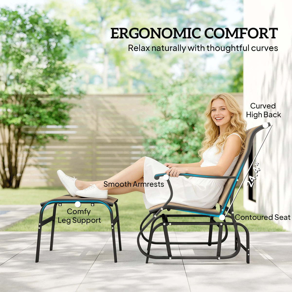 Outdoor Glider with Ottoman, High Back Patio Glider Set, Gray