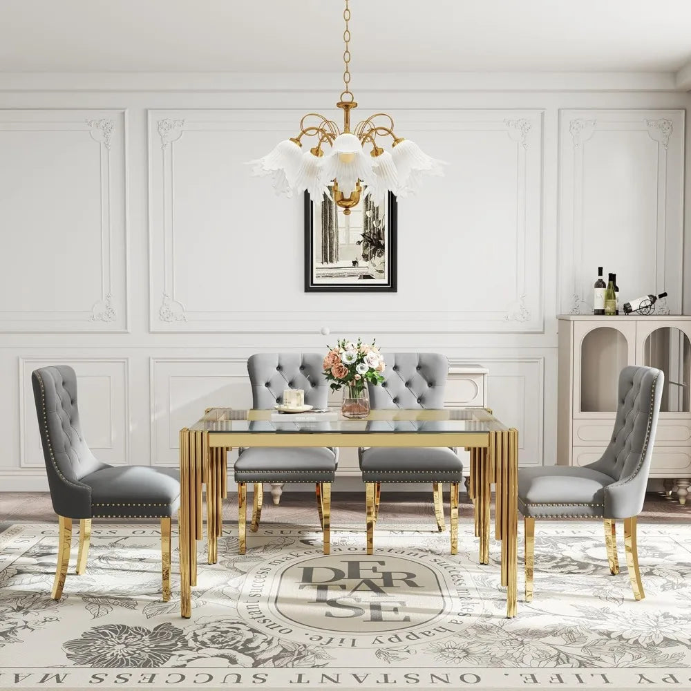 5 Piece Glass Dining Table Set for 4, 53" Rectangle Kitchen Table with 4 Gray Velvet Upholstered Chairs, Tempered Glass Tabletop