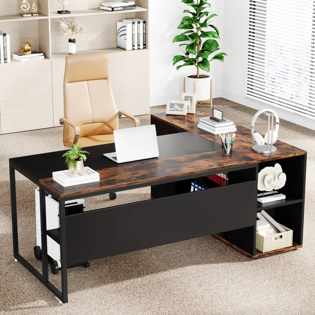 Tribesigns L Shaped Executive Desk With Cabinet Storage And Shelves