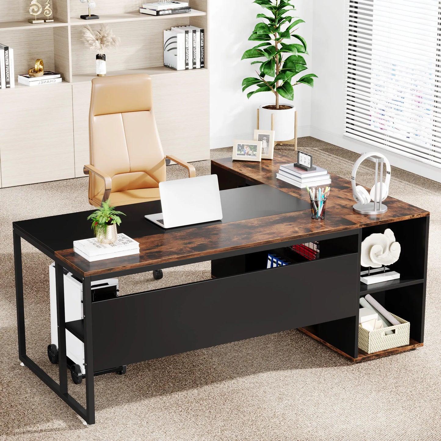 Tribesigns L Shaped Executive Desk With Cabinet Storage And Shelves