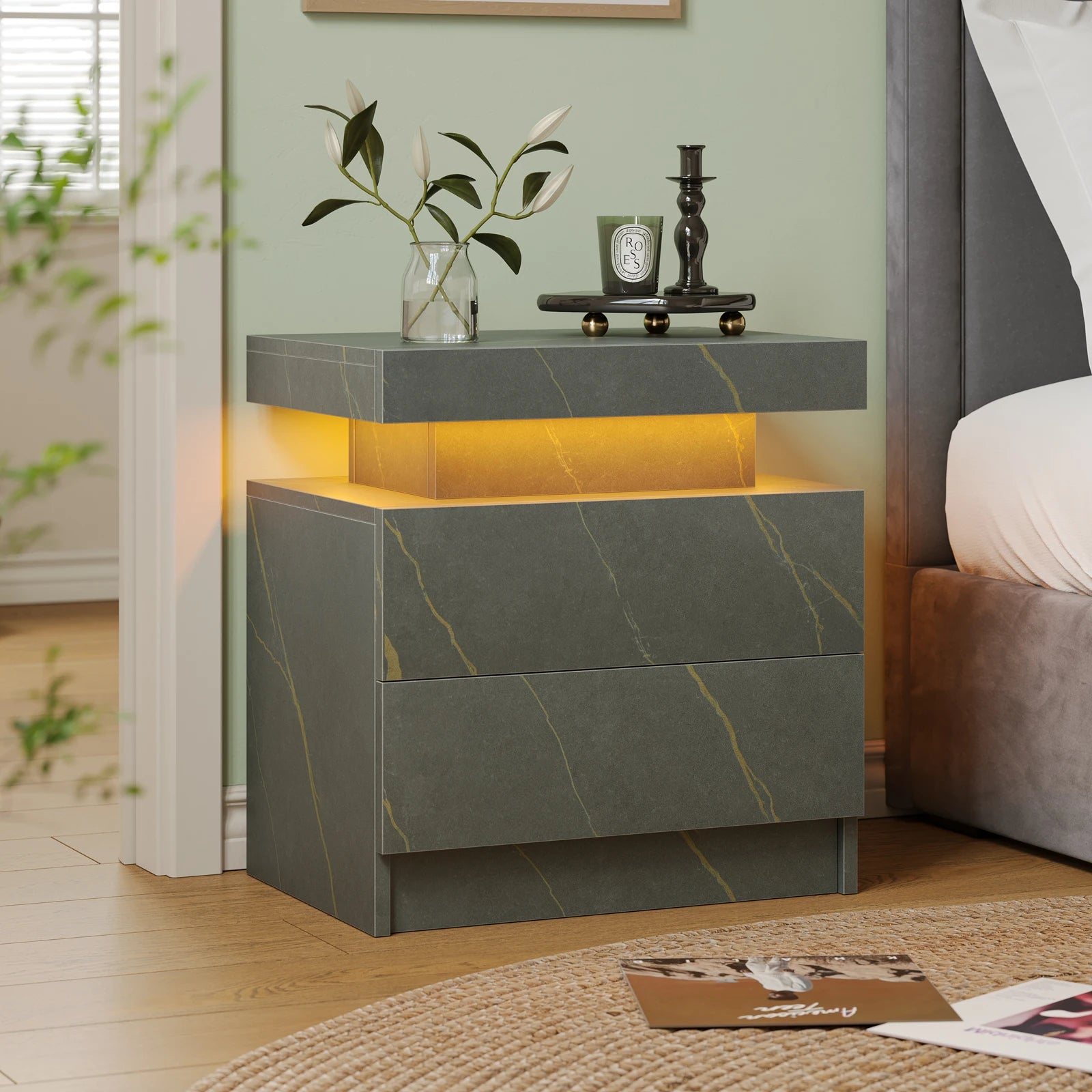 Cubehom LED Nightstands with 2 Drawers, End Table with RGB LED Lights for Bedroom Living Room, White Bedside Table