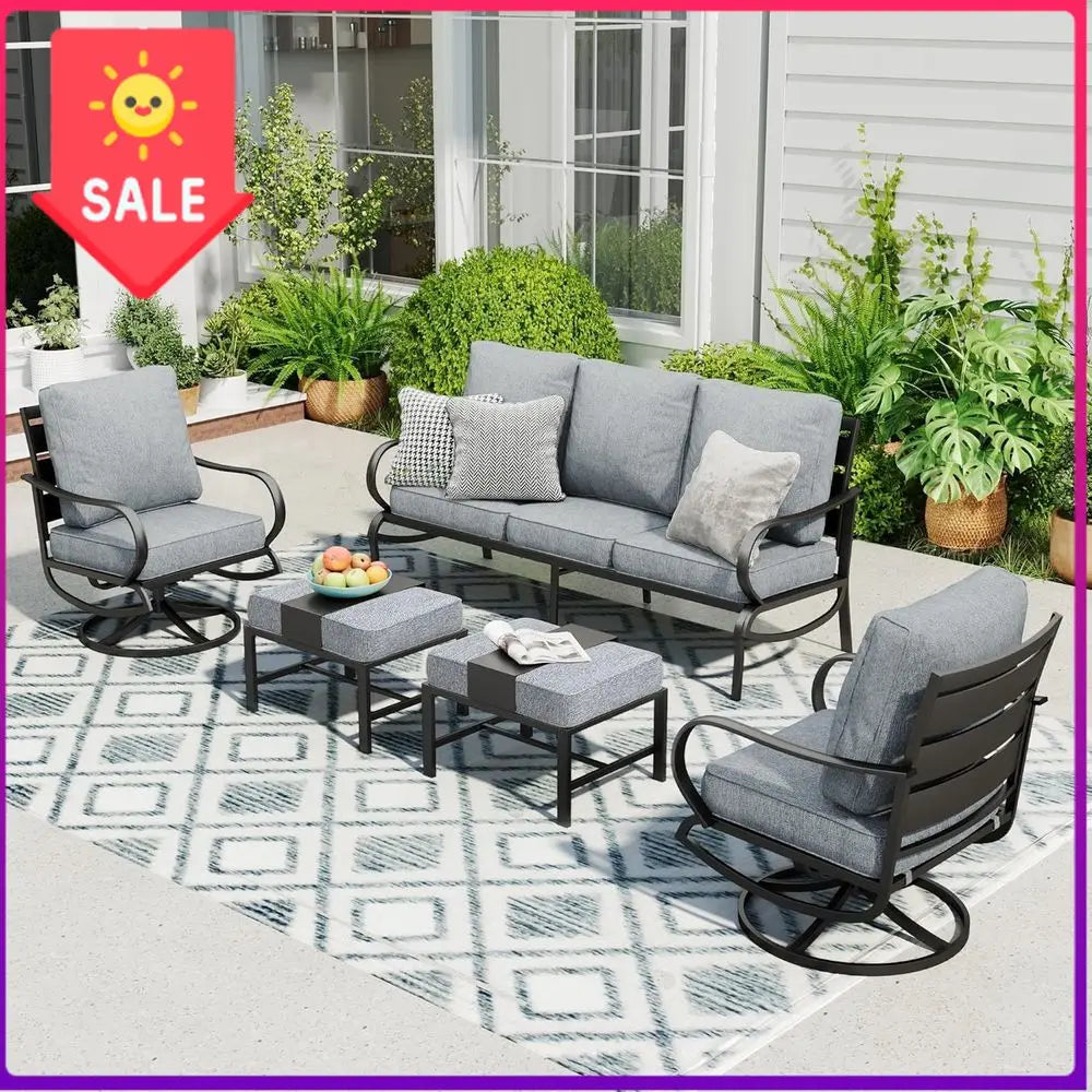 BestsellerGrey 5-Piece Outdoor Metal Patio Furniture Set with Swivel Chairs and Ottomans