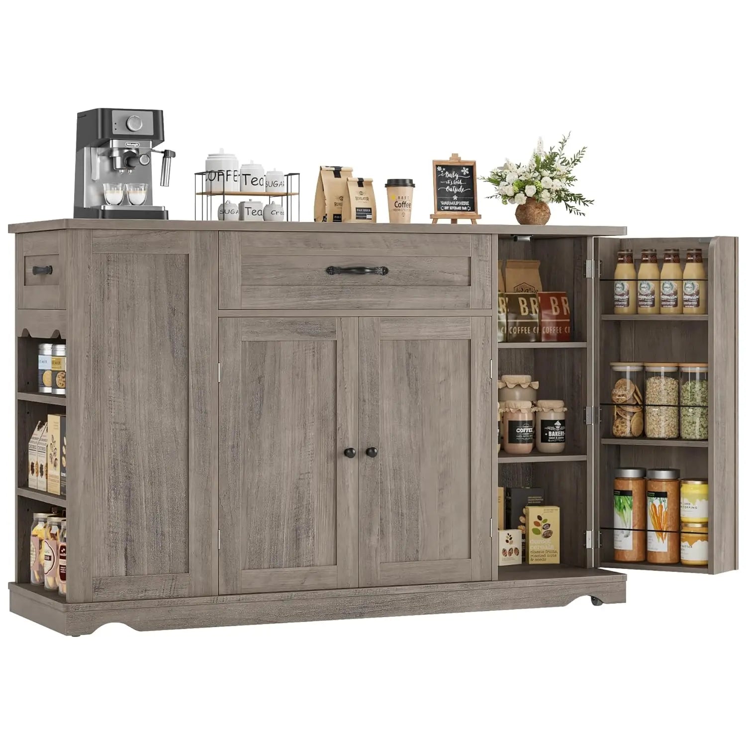 47" Rolling Kitchen Island Cart with Storage Drawers Adjustable Shelves Buffet Sideboard Dining Room Custom